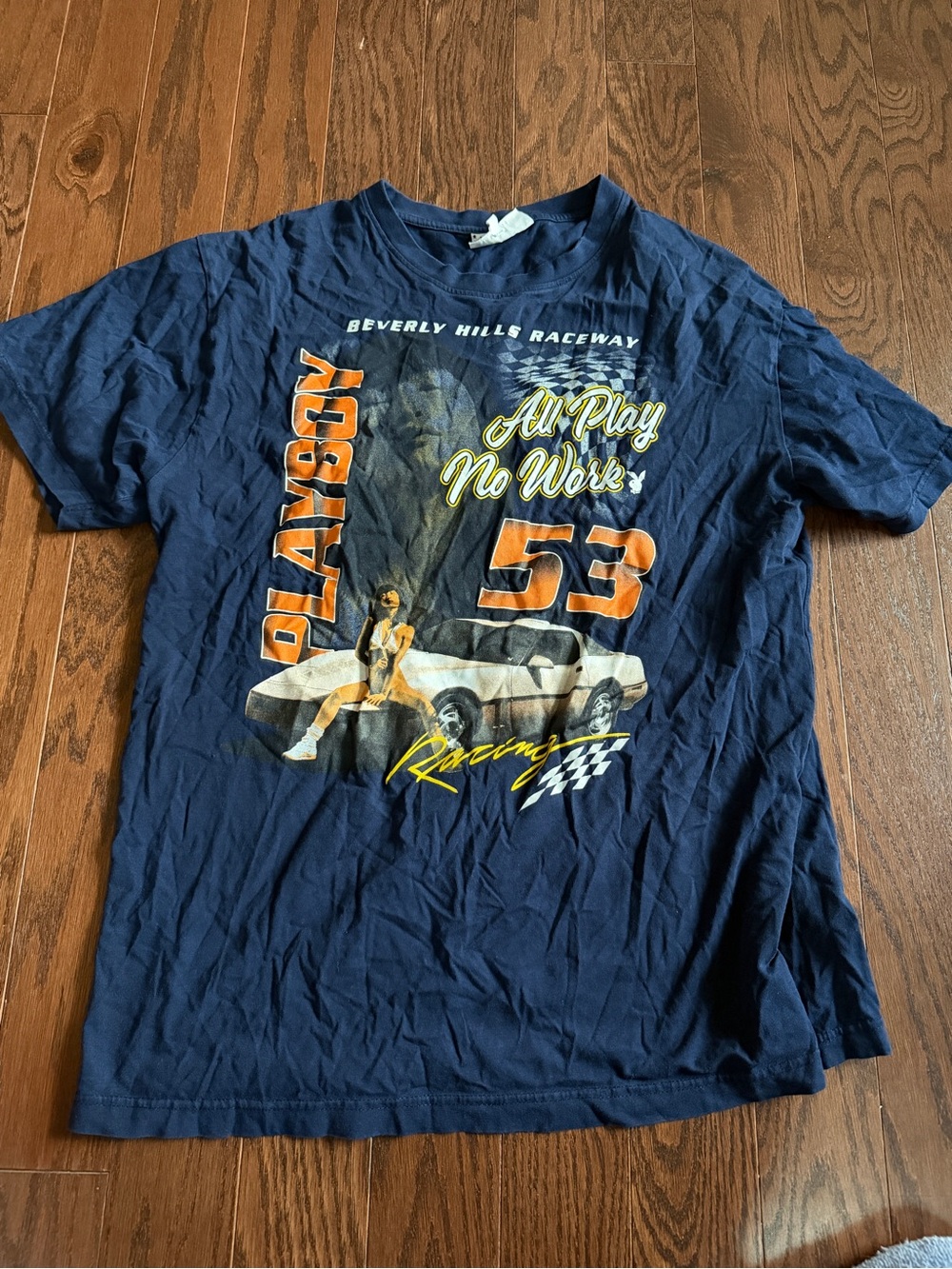 PLAYBOY Navy Short-Sleeve Racing Graphic Tee with Orange Accents